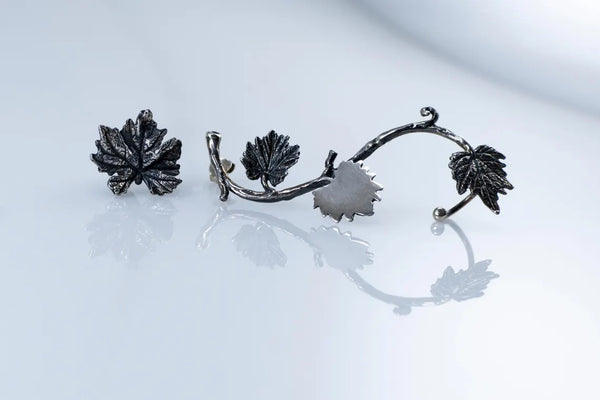 Handcrafted sterling silver vine leaf ear cuff botanical earrings