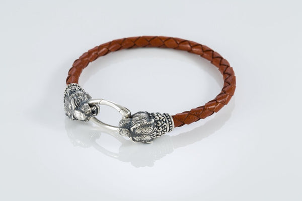 Mens lion head leather bracelet