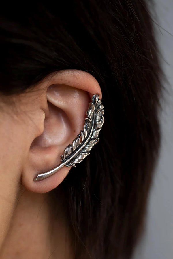Handcrafted sterling silver feather ear cuff non-pierced earring