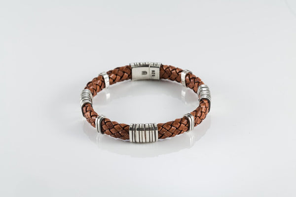 Brown leather and sterling silver bracelet