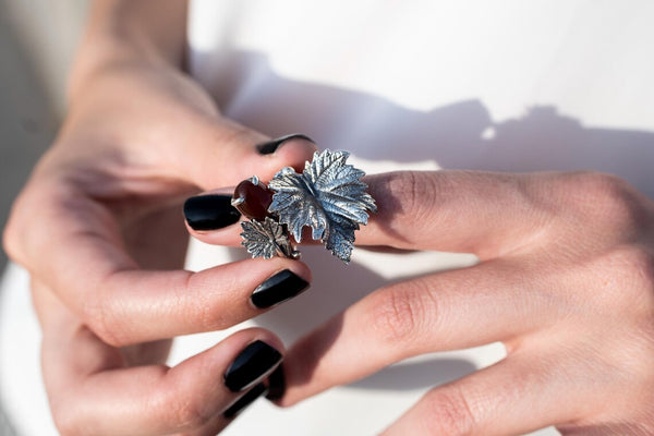 Sterling silver leaf ring with red carnelian