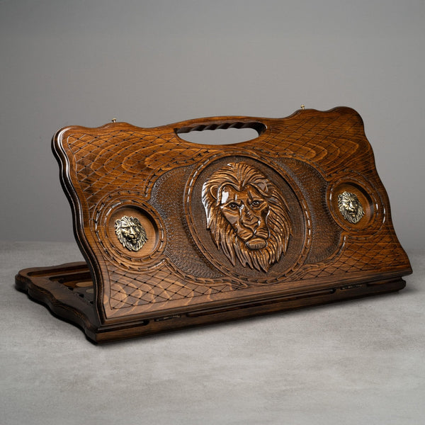 Luxury Wooden Backgammon Set with Majestic Hand-Carved Lion Design