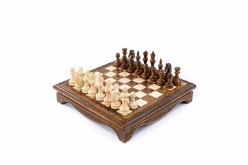 Detailed Close-up of Hand-Carved Chess Pieces on a Premium Wooden Chessboard