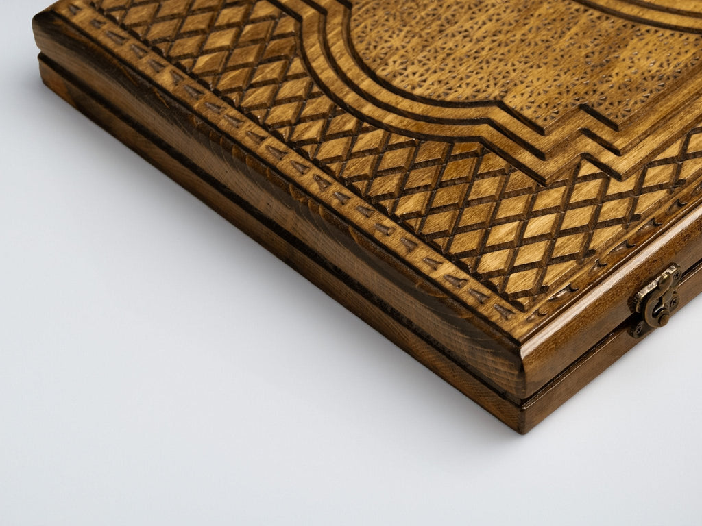 Open Armenian backgammon board with tree design and checkers
