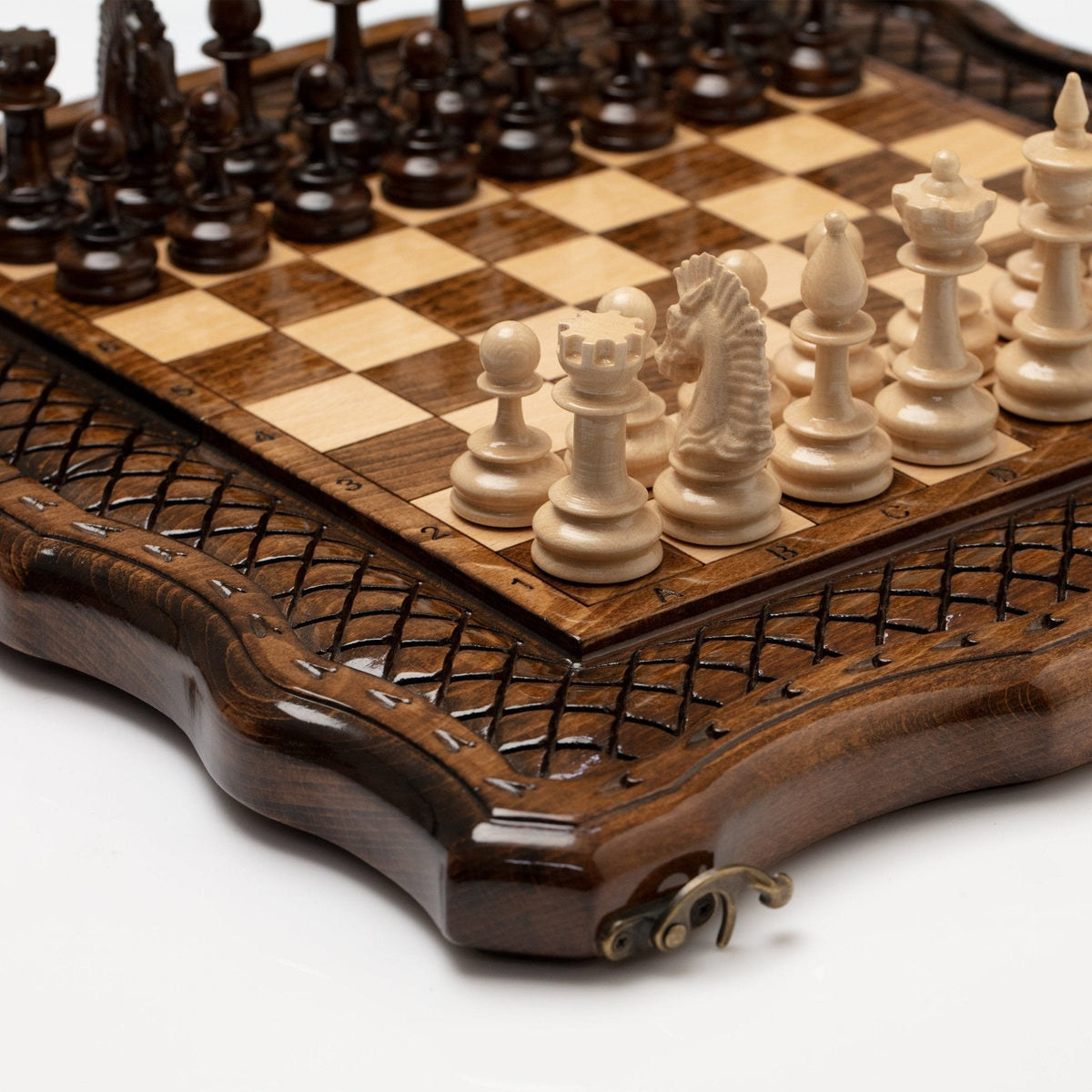 Hand-carved wooden chess board with carved border