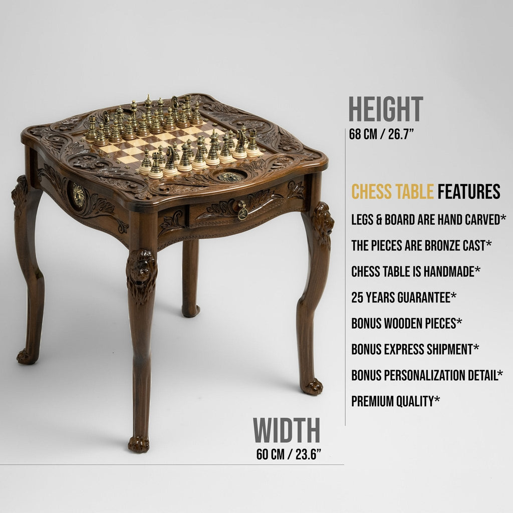 Gold lion accent on the carved chess table apron