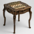 Top-down view of the chessboard with brass pieces and backgammon cups