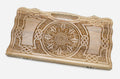 Carved walnut backgammon board with interlaced ornament edge to edge, shown flat