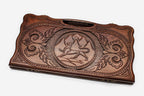 Carved beechwood backgammon board with the Ossetian coat of arms and a carry handle, propped open