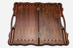 Angled view of the Ossetia coat of arms carved backgammon board