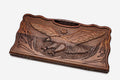 Carved beechwood backgammon board with a soaring eagle and a carry handle, propped open
