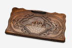 Carved beechwood backgammon board with the Sheikh Zayed Grand Mosque and a carry handle, propped open