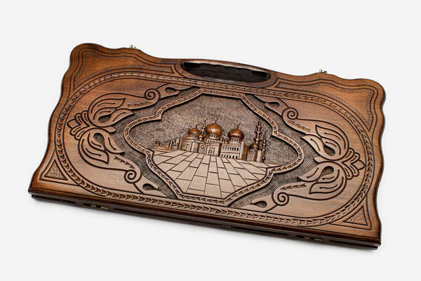 Carved beechwood backgammon board with the Sheikh Zayed Grand Mosque and a carry handle, propped open