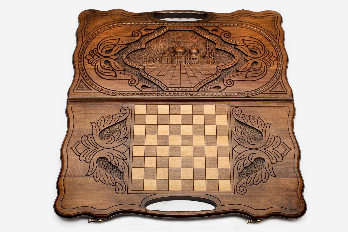 Angled view of the Abu Dhabi Grand Mosque carved backgammon board