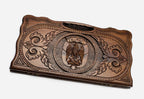 Carved beechwood backgammon board with the coat of arms of Dubai and a carry handle, propped open