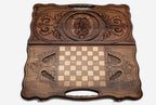 Angled view of the Dubai coat of arms carved backgammon board