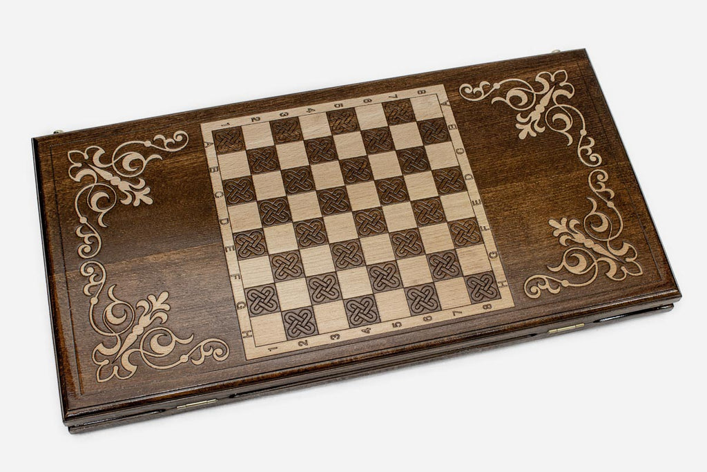 Bold ornament backgammon set folded, carved motifs showing
