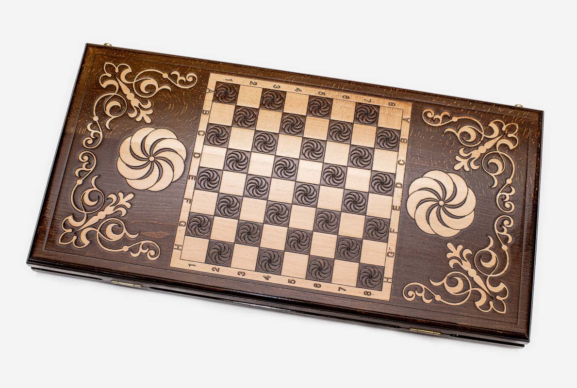 Carved reverse face of the eternity sign backgammon set