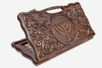 Carved beechwood backgammon board with a Menorah medallion and a carry handle, propped open
