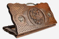 Carved beechwood backgammon board with the Russian coat of arms, bronze eagles and an ornate bronze handle, propped open