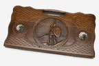 Carved beechwood backgammon board with a Spartan warrior and bronze ornaments, propped open