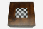 Wooden gift box with a viewing window showing the burgundy and white marble board