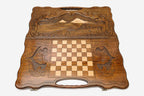 Angled view of the Ararat sunrise carved backgammon board