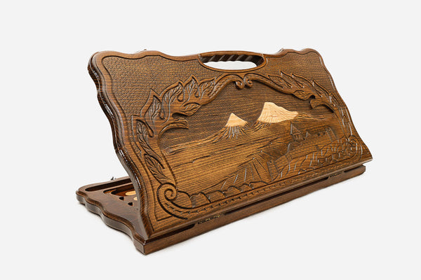 Carved beechwood backgammon board with Mount Ararat at sunrise, with a carry handle, propped open