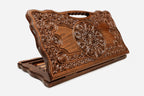 Carved beechwood backgammon board with rich floral ornament and a carry handle, propped open