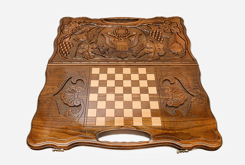 Angled view of the USA coat of arms carved backgammon board