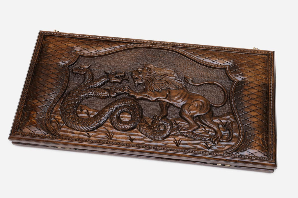 Lion and dragon backgammon set with checkers and dice