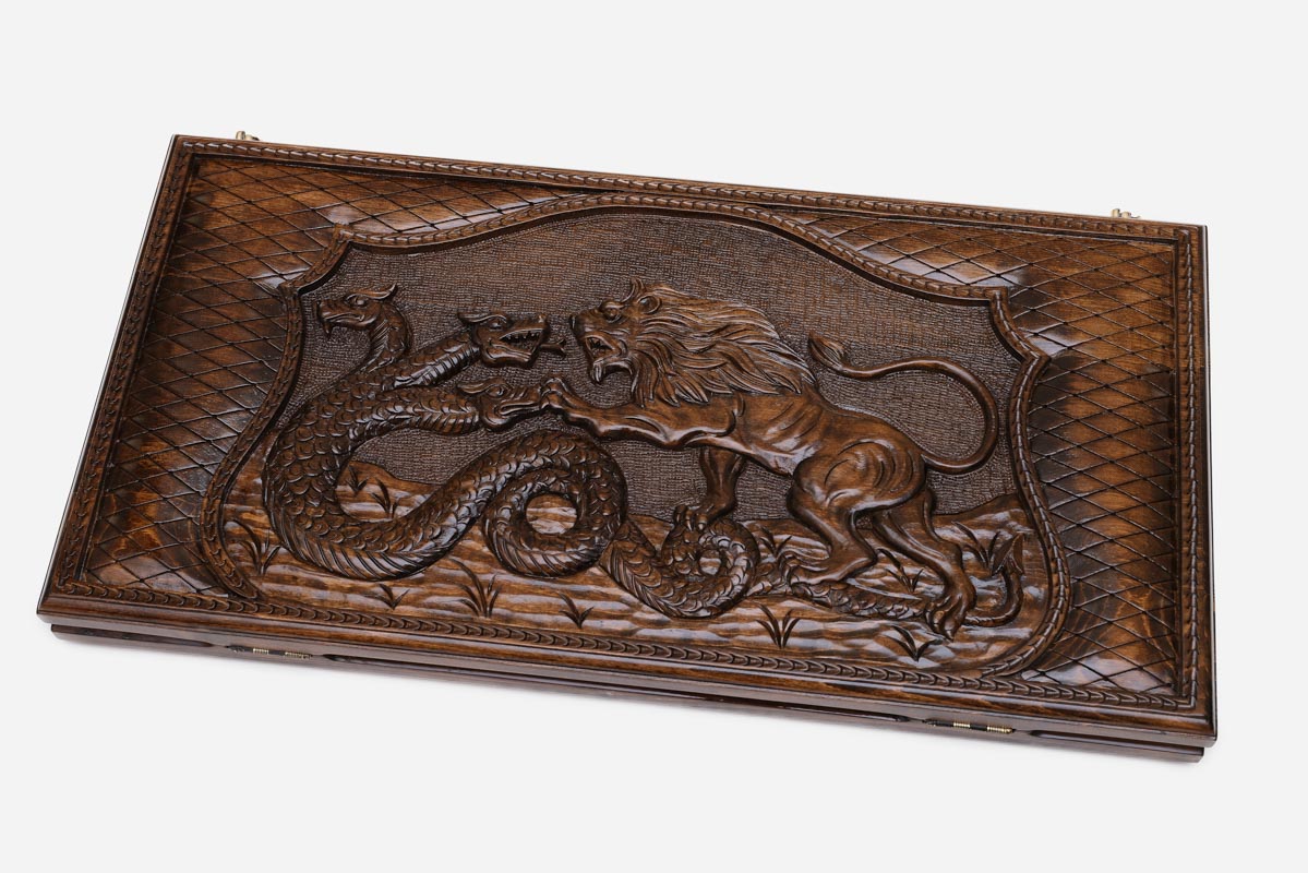 Lion and dragon backgammon set with checkers and dice