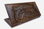 Wooden backgammon set hand carved with lion and dragon entwined