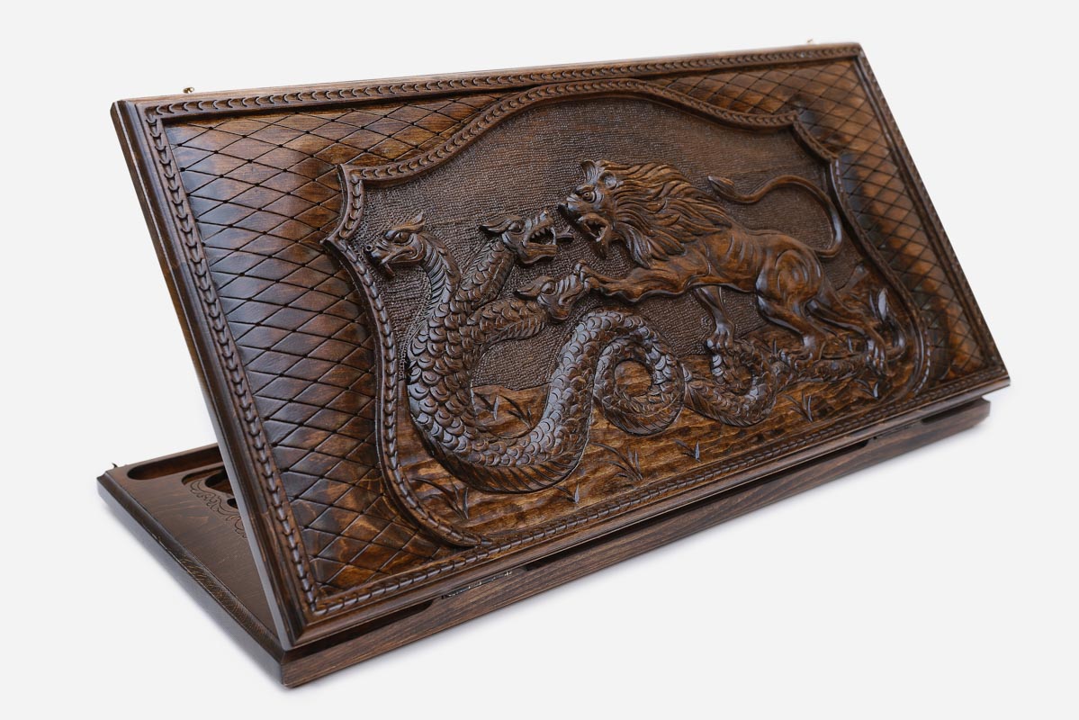 Wooden backgammon set hand carved with lion and dragon entwined