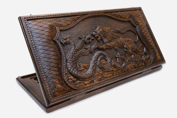 Wooden backgammon set hand carved with lion and dragon entwined