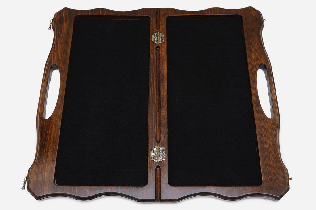 The board opened to show its felt-lined interior compartments and metal clasps