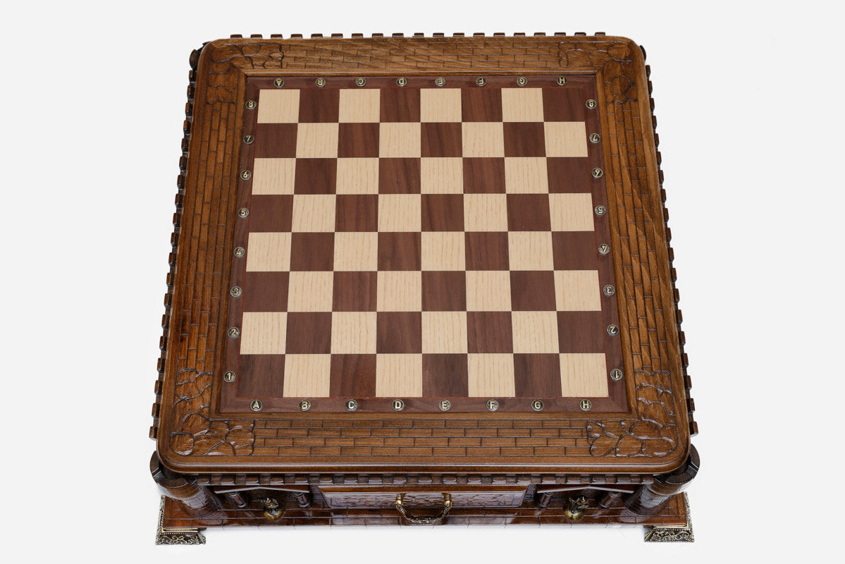 Castle chess set empty board, straight-on top-down view