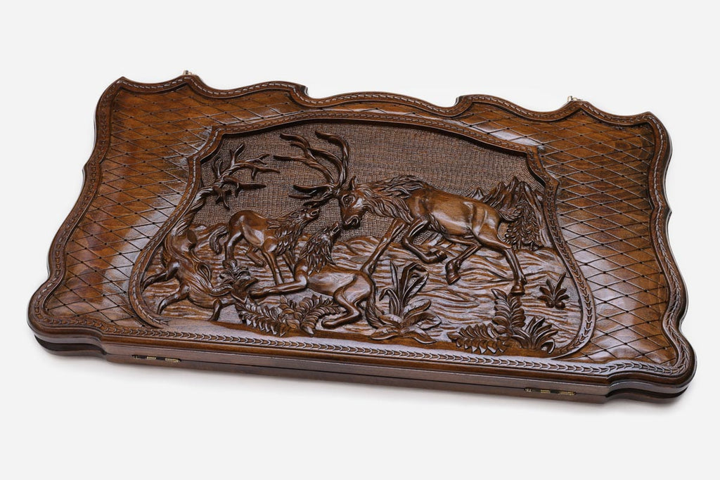 Deer and wolf backgammon set with checkers and dice