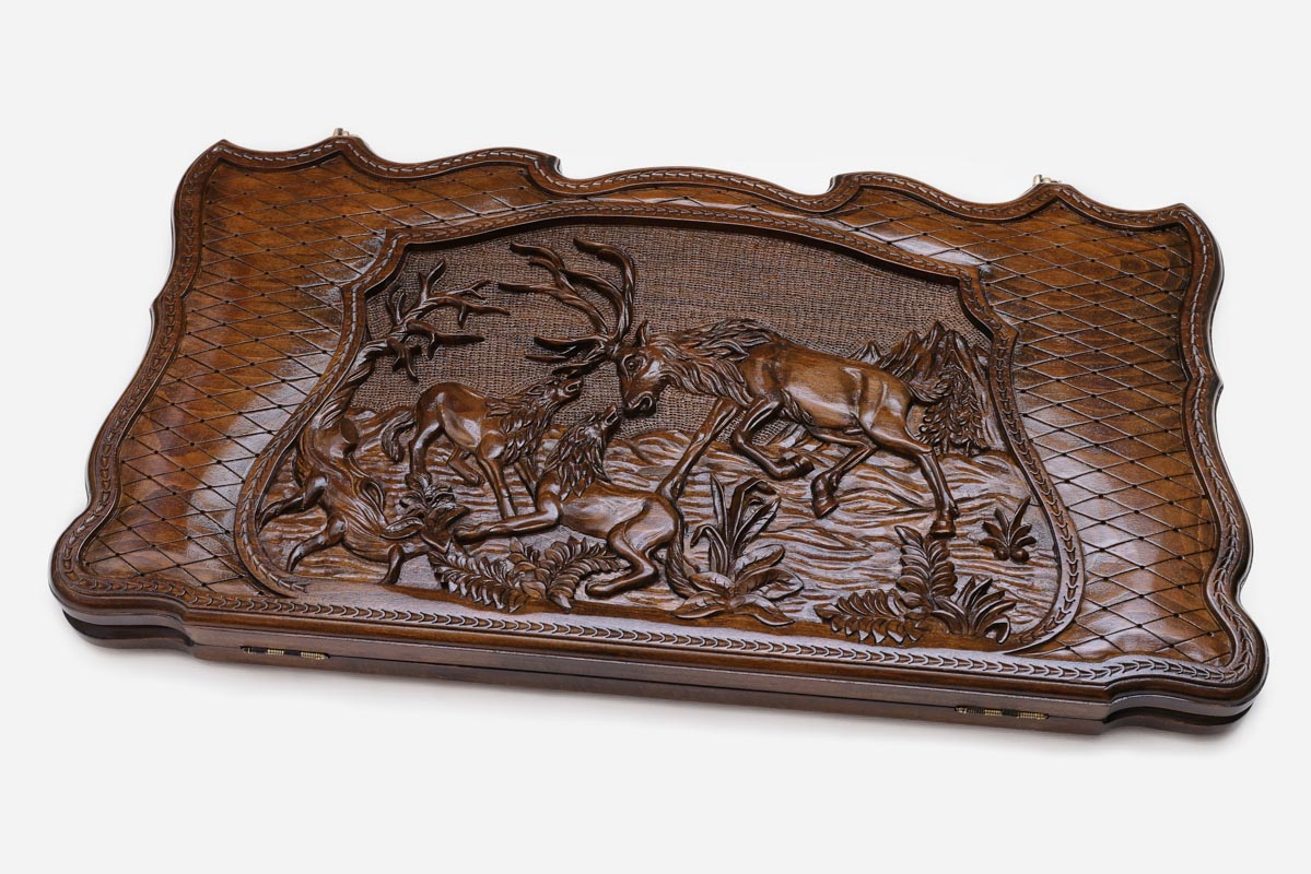 Deer and wolf backgammon set with checkers and dice