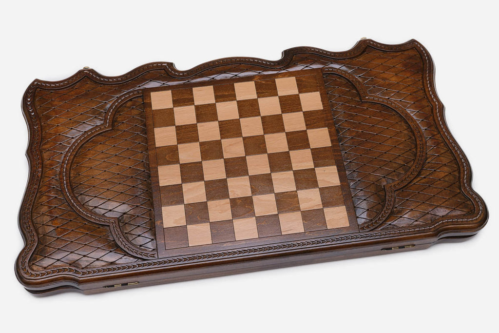 Wooden backgammon set interior with carved points