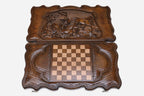 Deer and wolf backgammon set folded, carved hunt scene showing