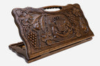 Carved beechwood backgammon board with the Georgian coat of arms and a carry handle, propped open