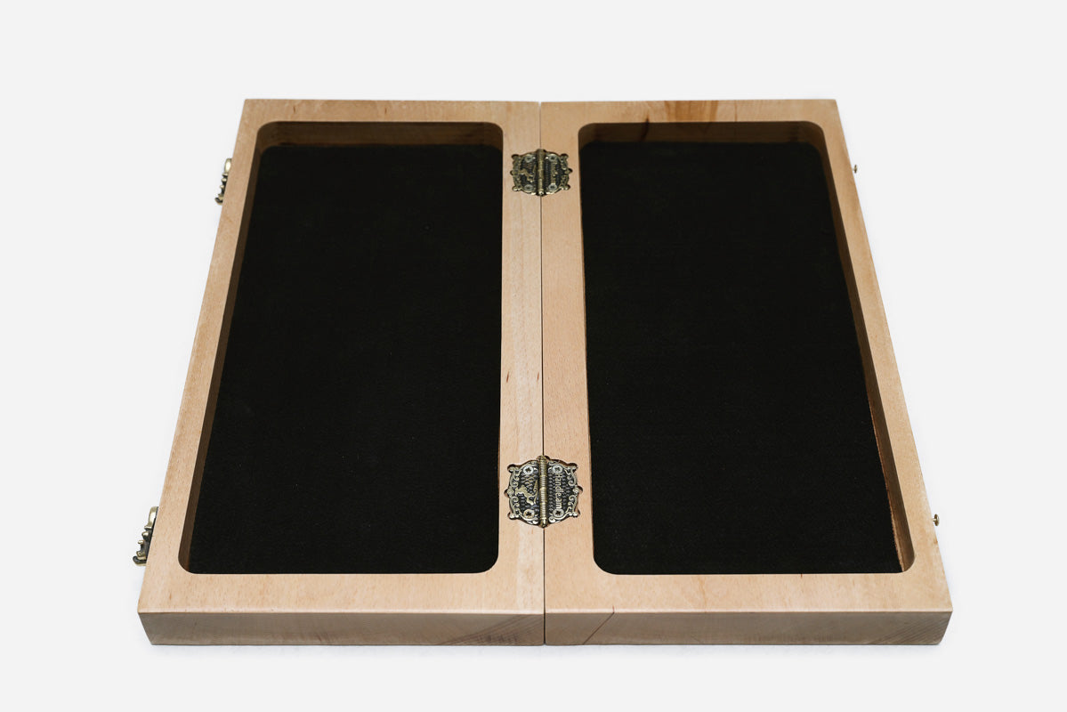 Handmade wooden chess set with bronze clasps
