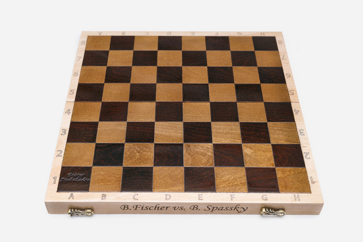 Warm beech grain across the folding chessboard