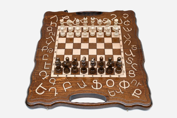 Armenian Chess Set with Armenian Alphabet - handmade wooden chess set, hand-carved letters
