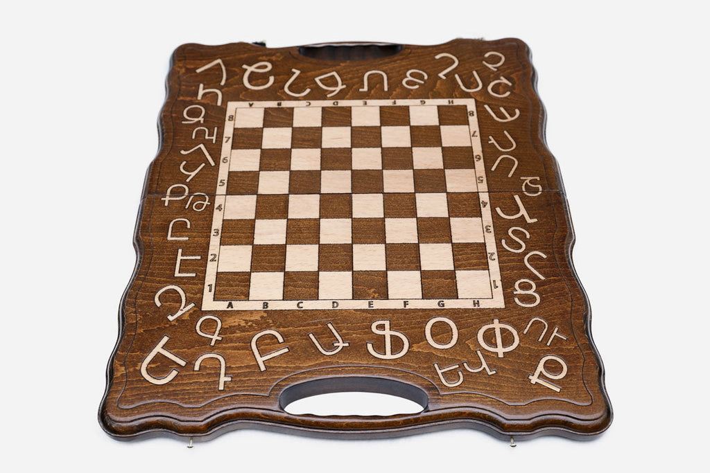Armenian chess set shown folded with bronze hinges and clasps