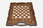 Armenian chess set shown folded with bronze hinges and clasps
