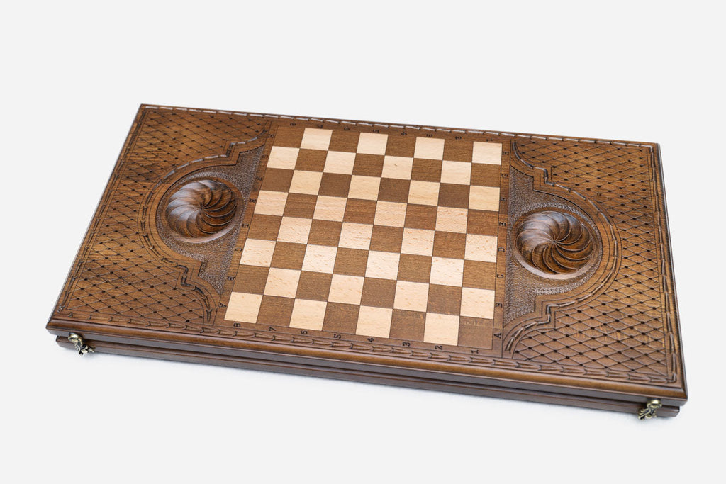 Wooden backgammon set interior with carved points