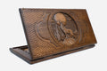 Wooden backgammon set hand carved with a snarling wolf