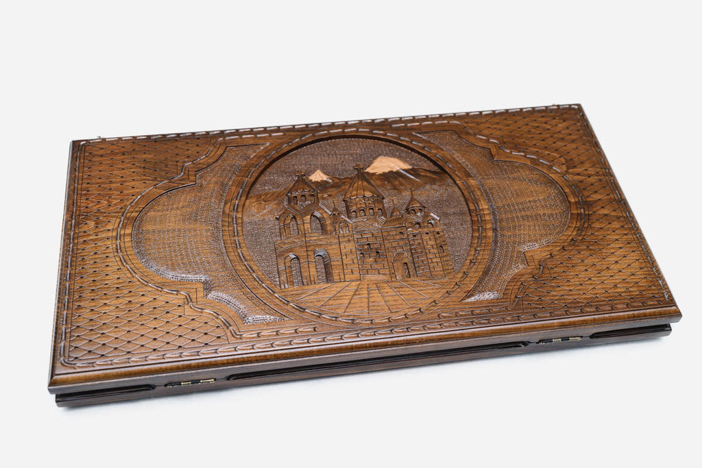 Ararat and Etchmiadzin Armenian backgammon set with checkers and dice